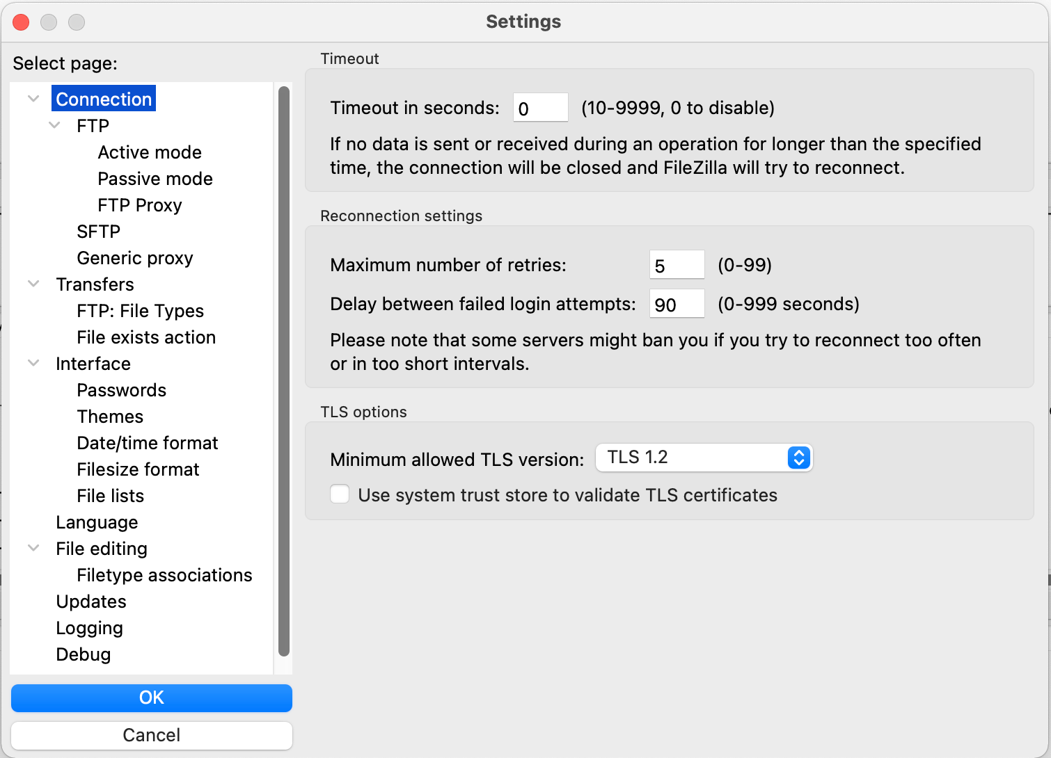FTP Client Timeout Settings in FileZilla