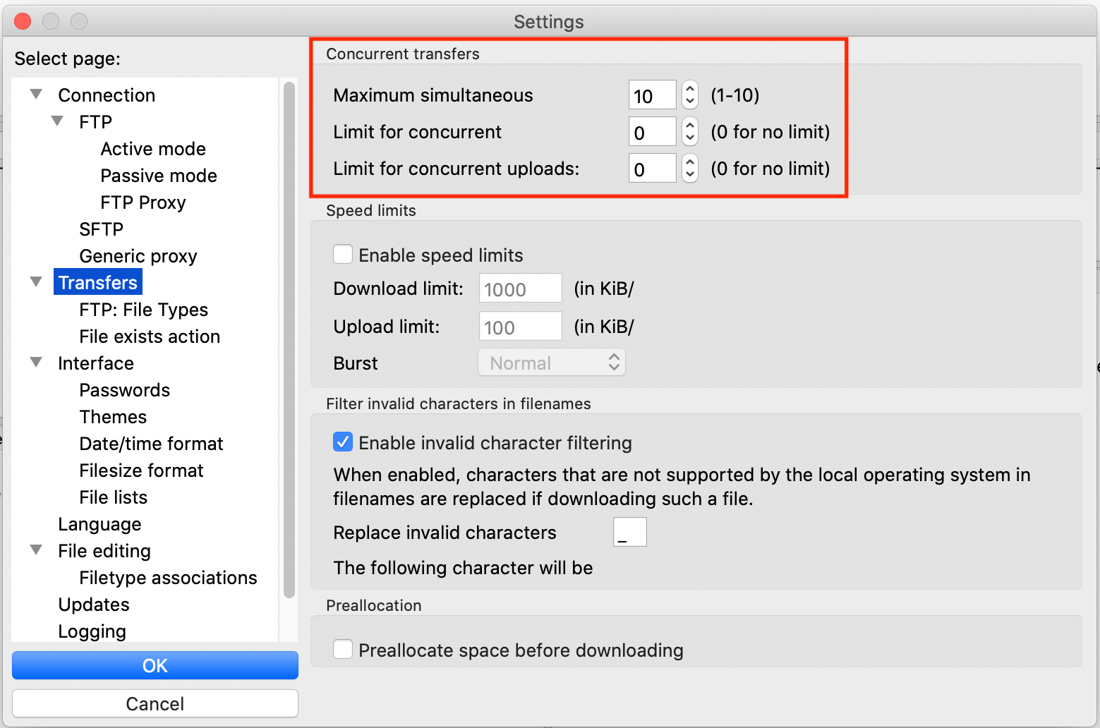 FTP Client Concurrent Transfers Setting in FileZilla