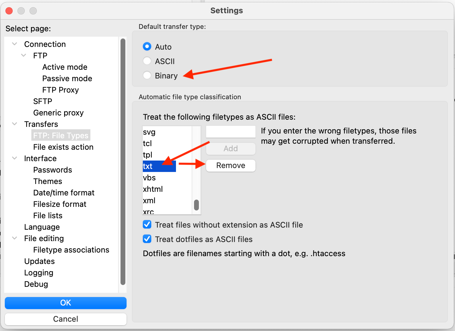 FTP Binary Mode Setting in FileZilla