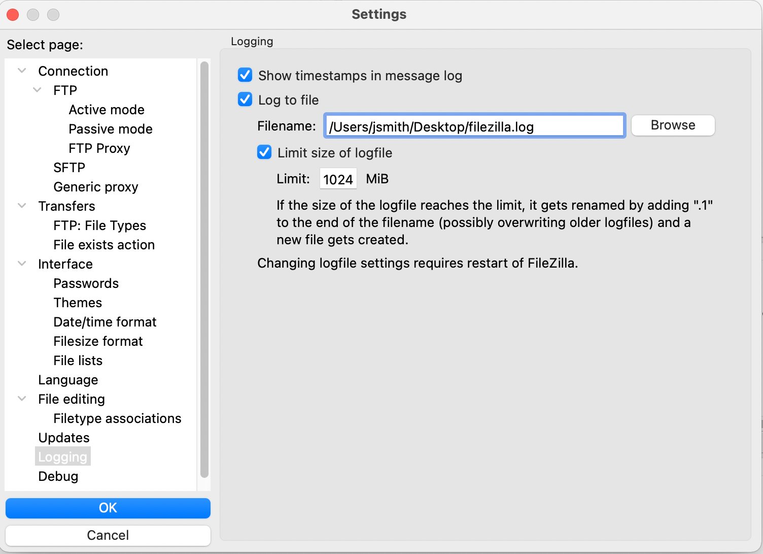 FTP Client Log Settings in FileZilla